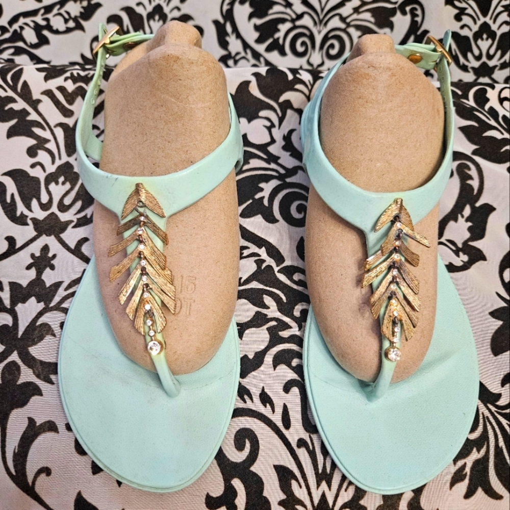 OKA b. Blue Silver Feather Embellished Flip Flop T Strap Sandals Size 7